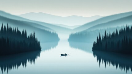 Obraz premium Misty lake scene with a lone fisherman