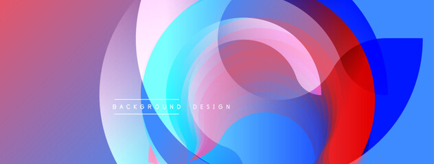 Abstract layers, vibrant colors blend. Circular shapes overlap creating dynamic visual effect. Modern design, smooth gradients present.