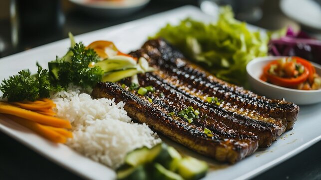Korean grilled eel Jangeo Gui served rice and vegetables side view of jangeo gui grilled eel served with rice and a side of fresh vegetables
