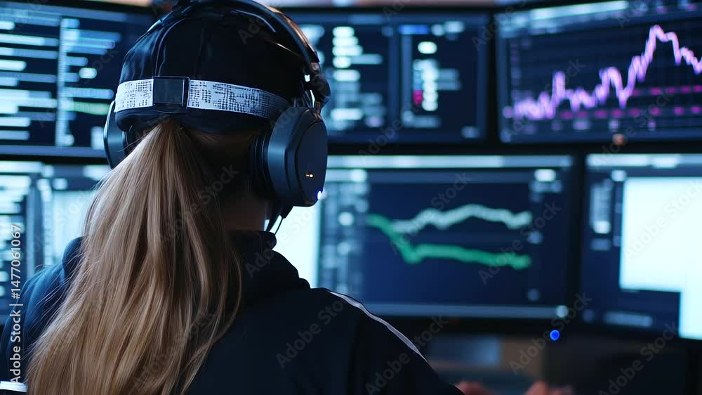 Poster a back view of a female worker in safety gear and hard hat, analyzing real-time production data on m