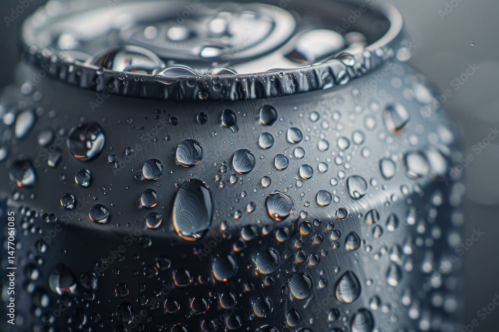 Poster refreshing condensation forms on a chilled aluminum can, creating a visually appealing texture