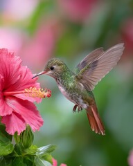 Fototapeta premium Discover the Beauty of Nature by Watching Hummingbirds Feed on Vibrant Flowers and Preserve Biodiversity