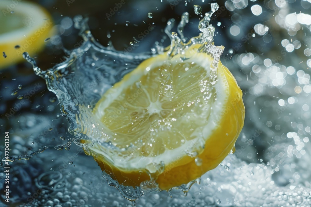 Poster half a lemon splashing into water, creating a crown shaped spray, against a dark background with bok