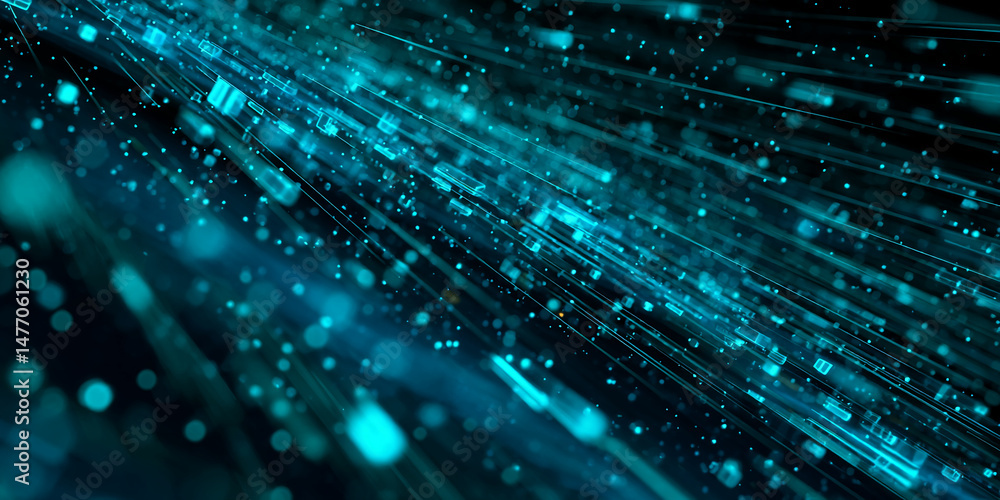 Poster abstract image of teal lines and bokeh lights, creating a dynamic and energetic visual. symbolizes s
