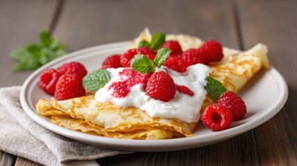 Delicious crepes topped with whipped cream, fresh raspberries, and mint leaves served on a white plate.