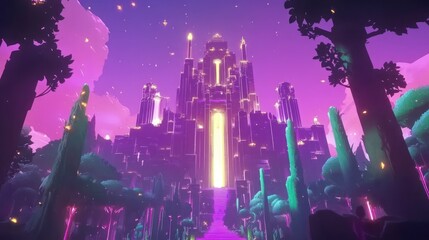 Fantasy castle in vibrant, glowing landscape