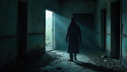 A shadowy figure lurks in a darkened, dilapidated house, a sinister presence felt but not seen , monster, ghost, fearsome