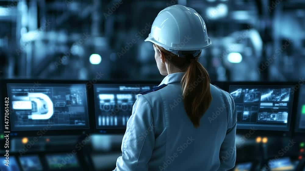 Poster a back view of a woman in a hard hat and factory uniform overseeing the automation process, using se