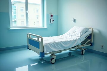 Empty hospital bed, crisp white sheets, ready for a patient Clean, sterile environment , unoccupied bed, medical