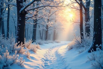 Naklejka premium A whimsical winter scene in a snow-covered forest, with frosted trees and a magical, ethereal glow , fantasy, season, new year