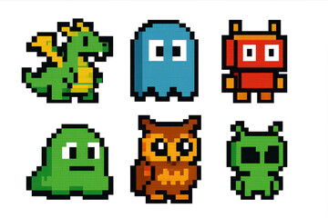 Colorful Pixel Art Characters in Retro Video Game Style Display