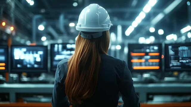 A back view of a female worker with a hard hat, managing factory automation by observing the operational data on a series of monitors, ensuring the seamless functioning of the prod