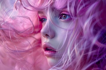 Fototapeta premium Close up of a model with bright pink hair and creative makeup, showcasing a bold and fashionable look