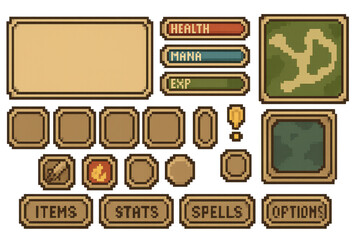 Vintage Pixel Game Interface with Health, Mana, and Options Menu