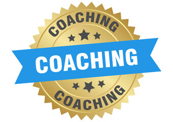 coaching. coaching round blue and gold label isolated on transparent background