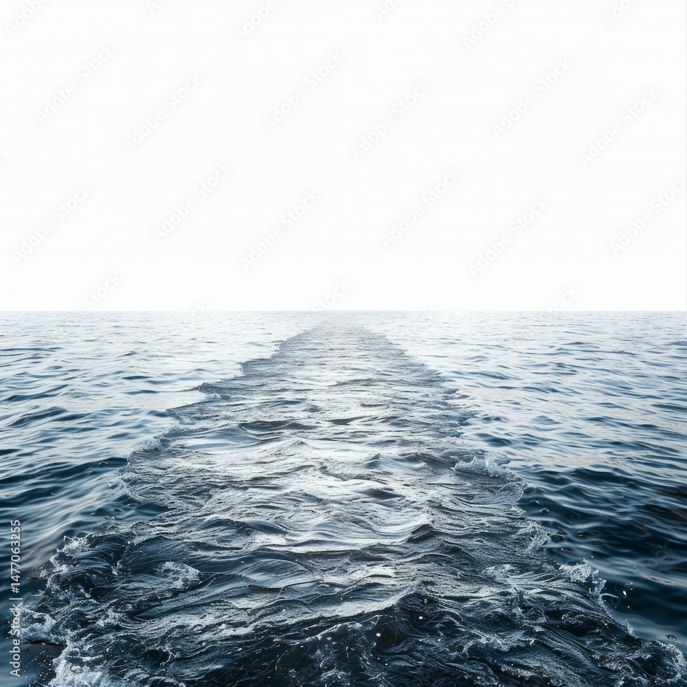 Poster wake on the water surface behind of fast moving motor boat, creating a path on the deep blue ocean w