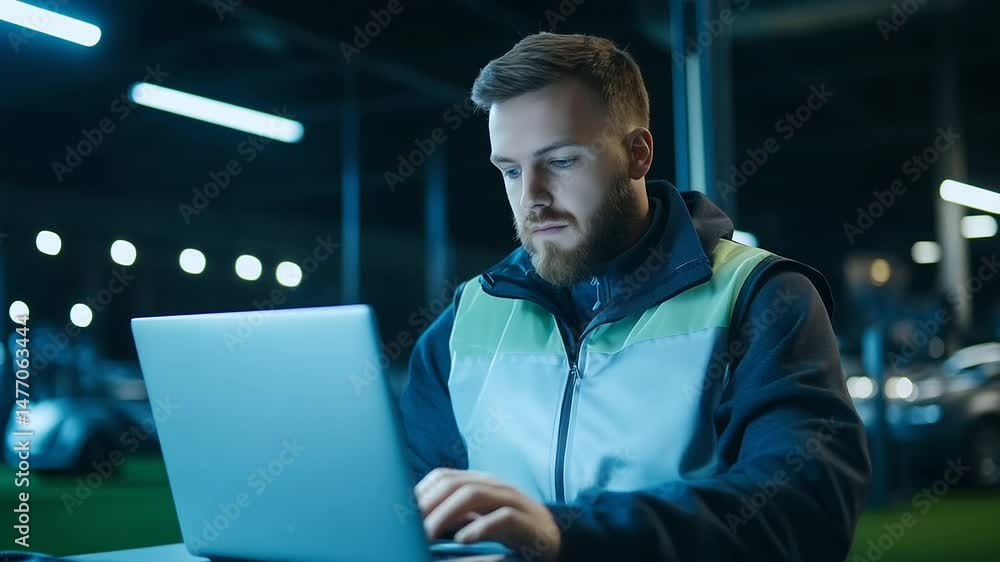Poster a skilled automotive engineer in a safety jacket uses a laptop to monitor the performance of robotic