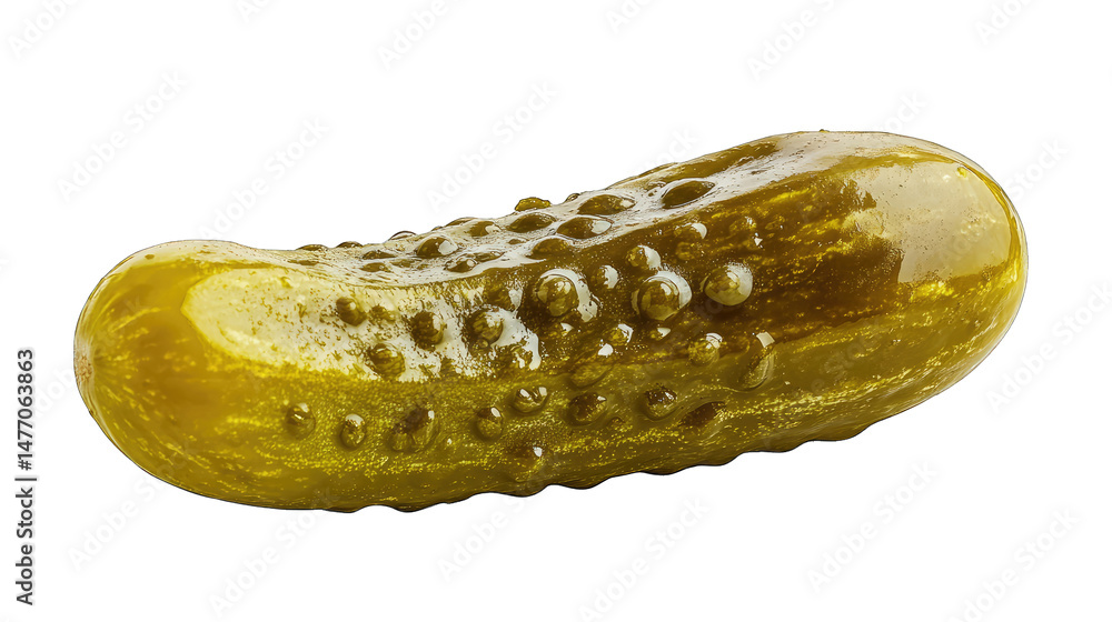 Poster a single whole green dill pickle with a shiny wet surface and visible bumps the pickle is isolated o