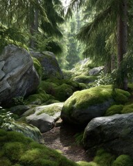 Exploring the Beauty of Forests with Rocks and Lush Green Moss for Conservation Awareness