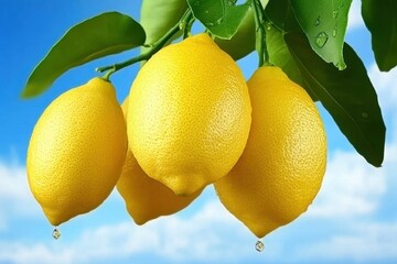 Fresh Lemons Hanging on Branch Against Blue Sky Close Up Still Life Bright Yellow Citrus Fruit