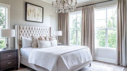 A glamorous bedroom featuring a sleek, modern bed with rich fabrics, an elegant chandelier, and soft natural light streaming through the windows