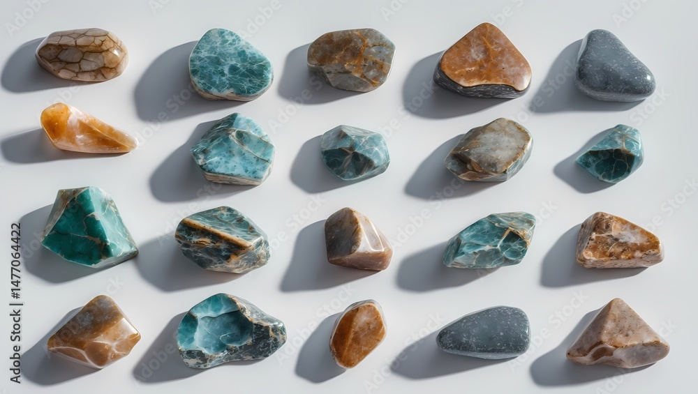 Aufkleber a collection of various stones on display. The arrangement highlights their unique textures and natural beauty, with subtle shadows adding depth