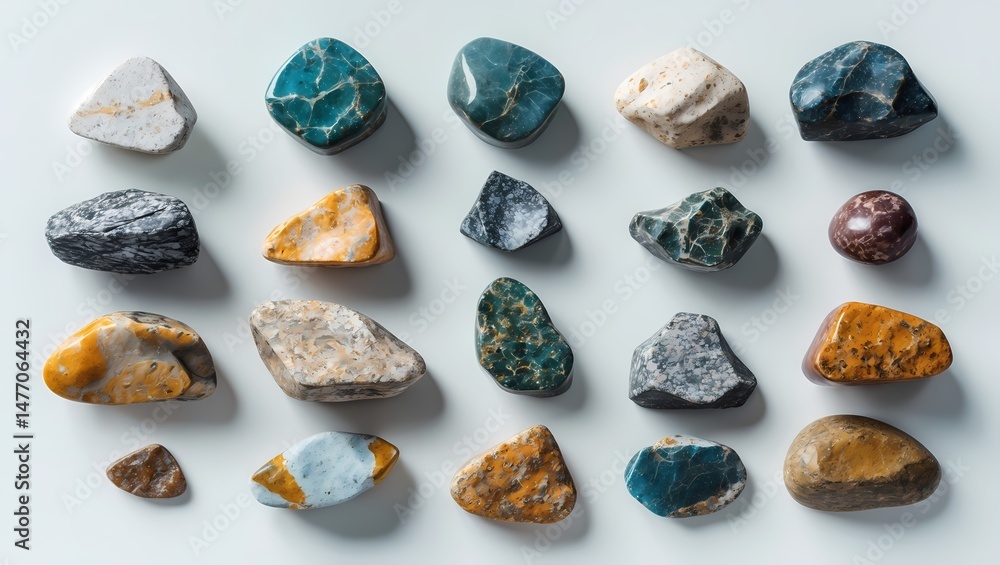 Poster An assortment of colorful and textured stones, pebbles arranged on a surface. Displaying the various forms and hues found in nature.