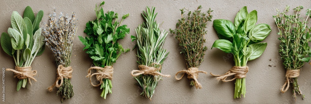 Poster fresh assorted herbs tied with twine on a neutral background showcasing vibrant colors and textures,