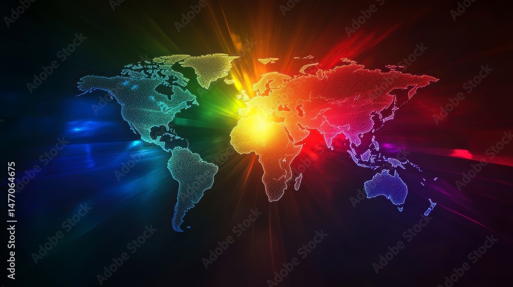 Poster colorful world map with radiating light bursts, symbolizing global connection and energy.