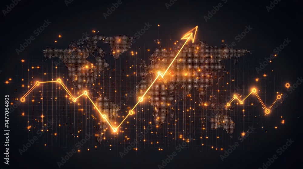 Poster global growth chart with upward trend displayed on a world map background.