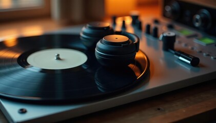 Close-up of a pair of headphones resting on a vintage vinyl record, next to a mixing console Focus on the headphones , music production, audio
