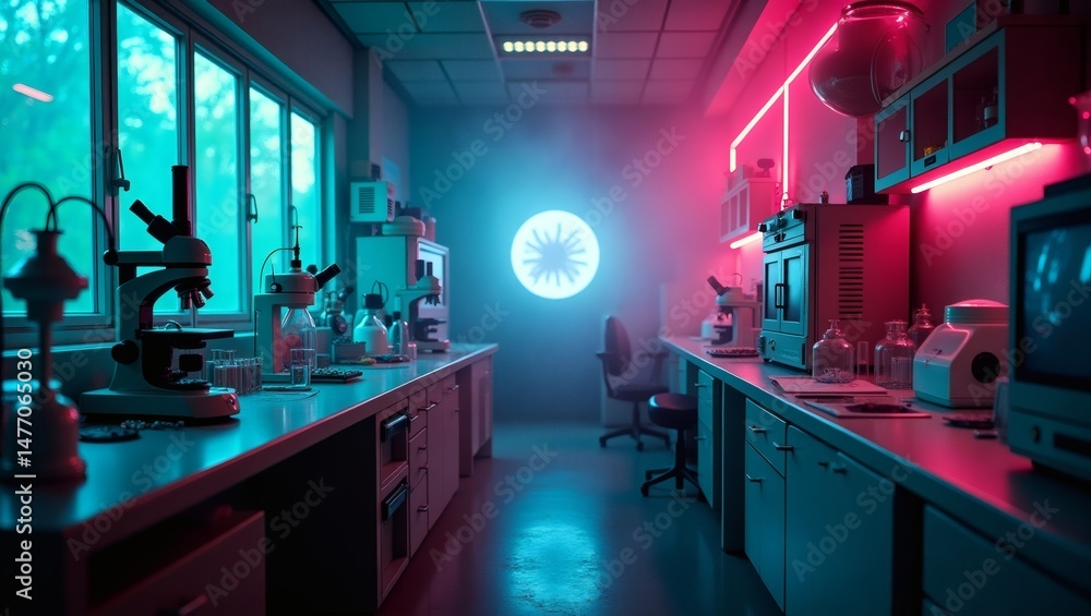 Aufkleber an atmospheric laboratory setting featuring futuristic neon lighting and scientific equipment. the l