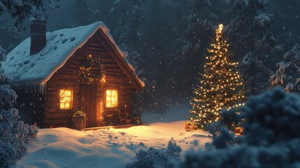 Cabin and christmas tree night scene