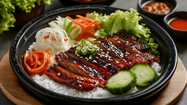 Korean grilled eel Jangeo Gui served rice and vegetables side view of jangeo gui grilled eel served with rice and a side of fresh vegetables