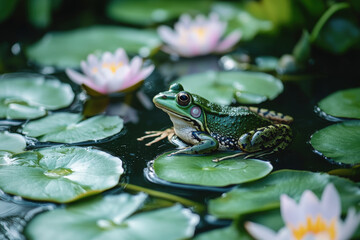 Green Frog Perched on a Lily Pad. A vibrant green frog sits calmly among lily pads and blossoming flowers in a serene pond scene. Soft sunlight highlights the frog's features and the delicate blooms.