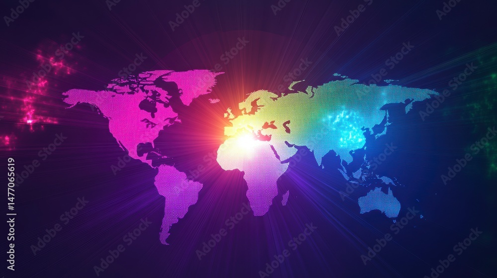 Poster Colorful world map with glowing rays, illustrating global connection and network.
