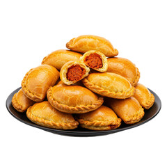 A delicious pile of golden-brown savory pastries on a black plate, showcasing a cut one revealing its filling