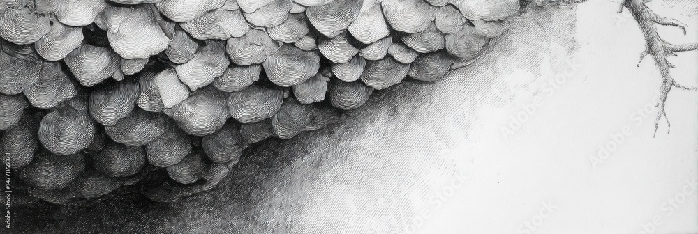 Poster monochrome sketch featuring intricate fish scales and negative space showcasing detailed artistic te