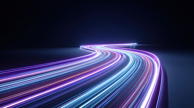 Colorful neon light trails forming a futuristic curved path on dark background in digital tech landscape