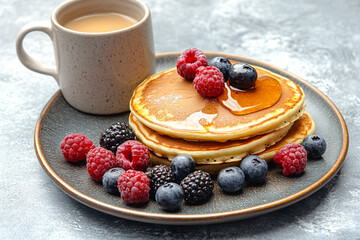 Fluffy pancakes with honey and fresh berries on a plate with a mug of coffee nearby