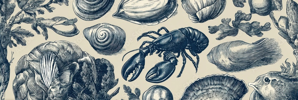 Poster Underwater Bounty Displayed in Intricate Tiled Seafood Illustrations With a Central Area for Emphasis