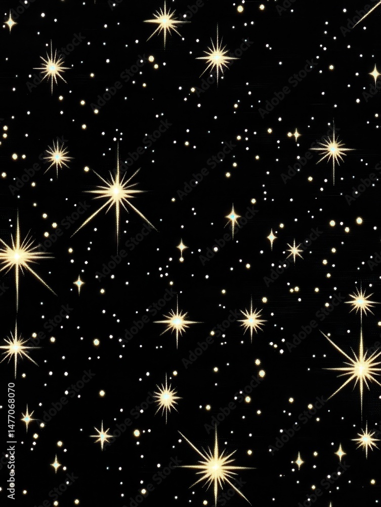 Poster golden stars and dots on black background shimmering cosmic celestial pattern for holiday or festive
