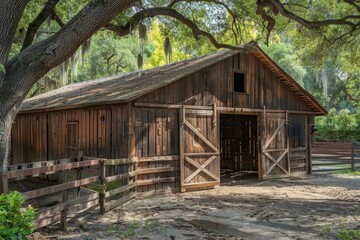 Open barn doors invite exploration of this weathered wooden structure, nestled under the shade of majestic oak trees draped with spanish moss