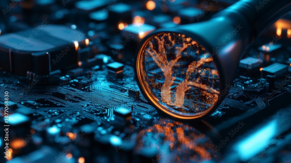 Aufkleber close-up of a magnifying glass revealing a tree-like structure etched onto a circuit board, illumina