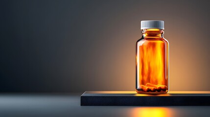 A close-up view of an amber glass medication bottle, filled with capsules, set against a softly lit background. Ideal for themes of healthcare, wellness, and pharmaceuticals.