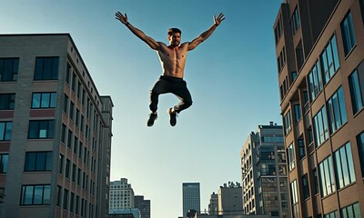 Shirtless man jumps between buildings - Powered by Adobe