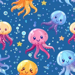 seamless pattern of cartoon clownfish, jellyfish, starfish, and corals, pastel color palette, kawaii style
