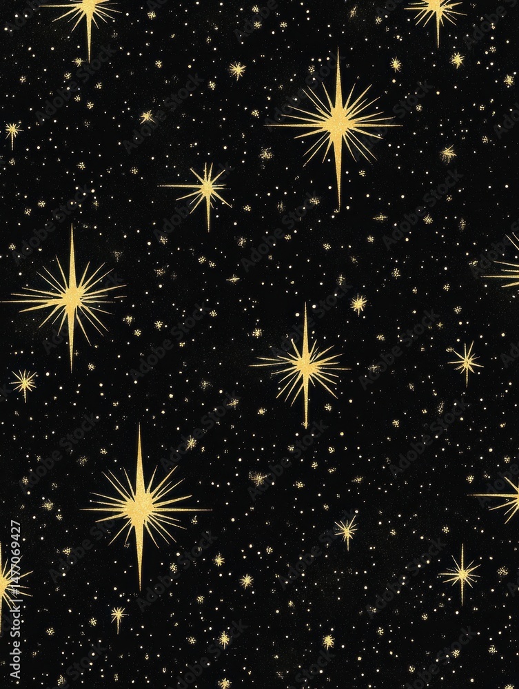 Poster golden star pattern on black background seamless repeating design overhead flat lay celestial cosmic