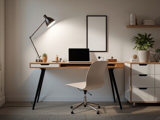 Contemporary Workspace with Chic Desk and Lamp, Ideal for Productivity