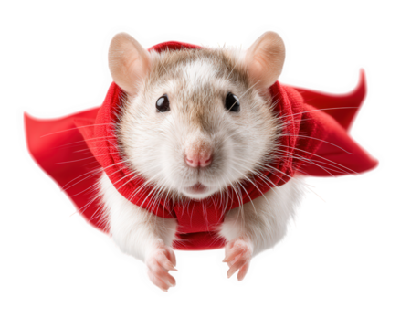 Rat in superhero costume, soaring through air with vibrant red cape, exudes playful and adventurous spirit. This whimsical scene captures imagination and brings joy